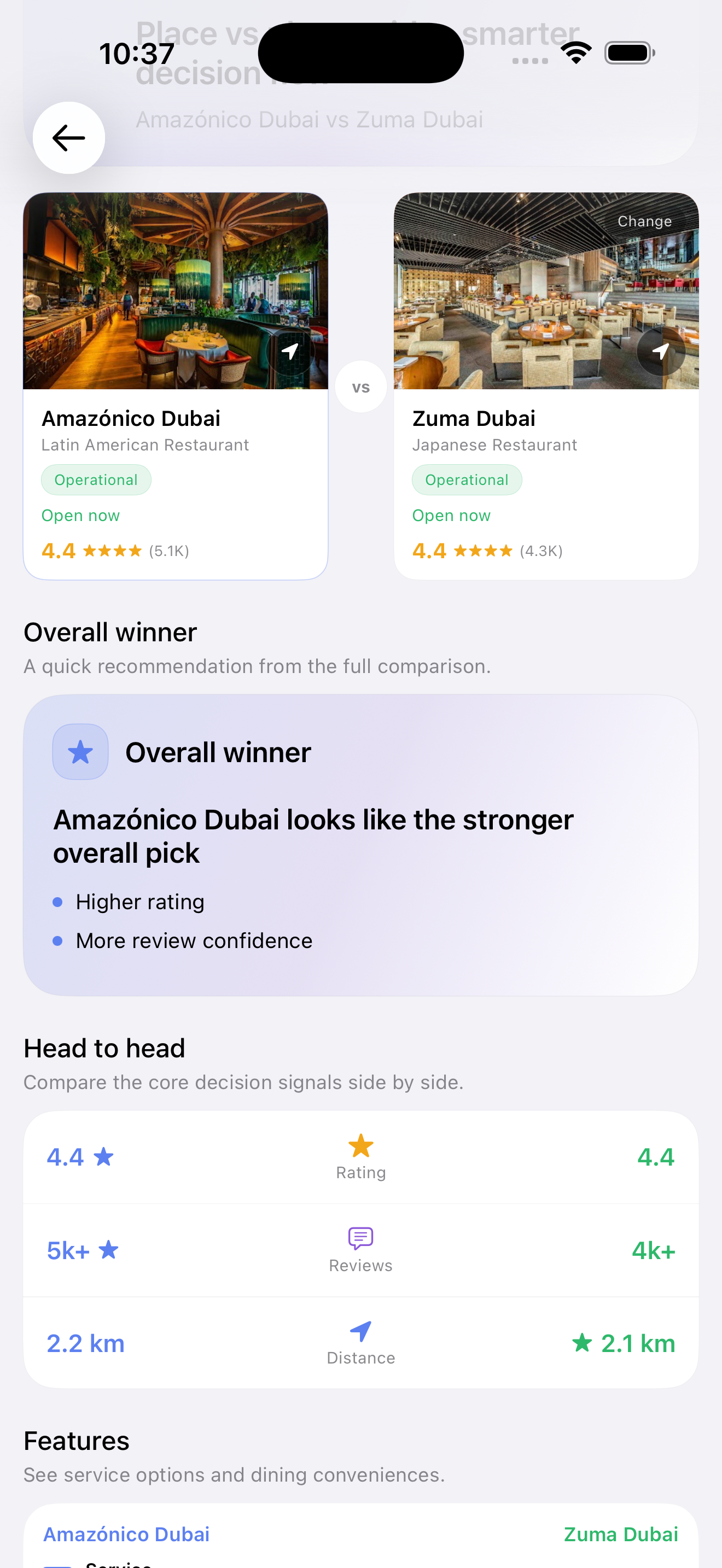 Placevu compare feature preview